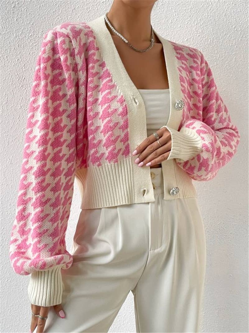 Houndstooth v-neck cropped knit Cardigan