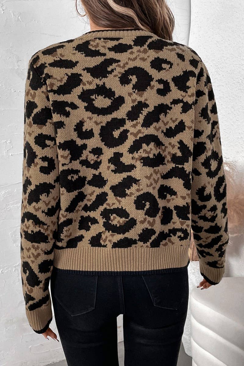 LEOPARD PRINT BOW TIE KNITTED SWEATER CARDIGAN