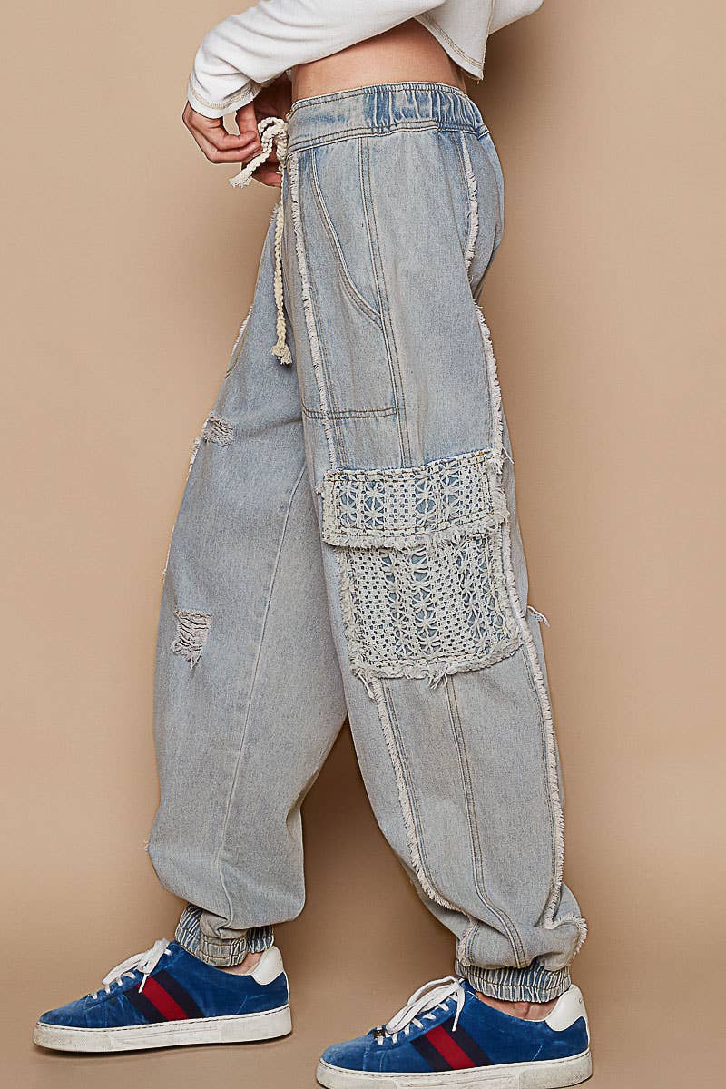 Tie waistband contrast crochet cargo pockets denim joggers