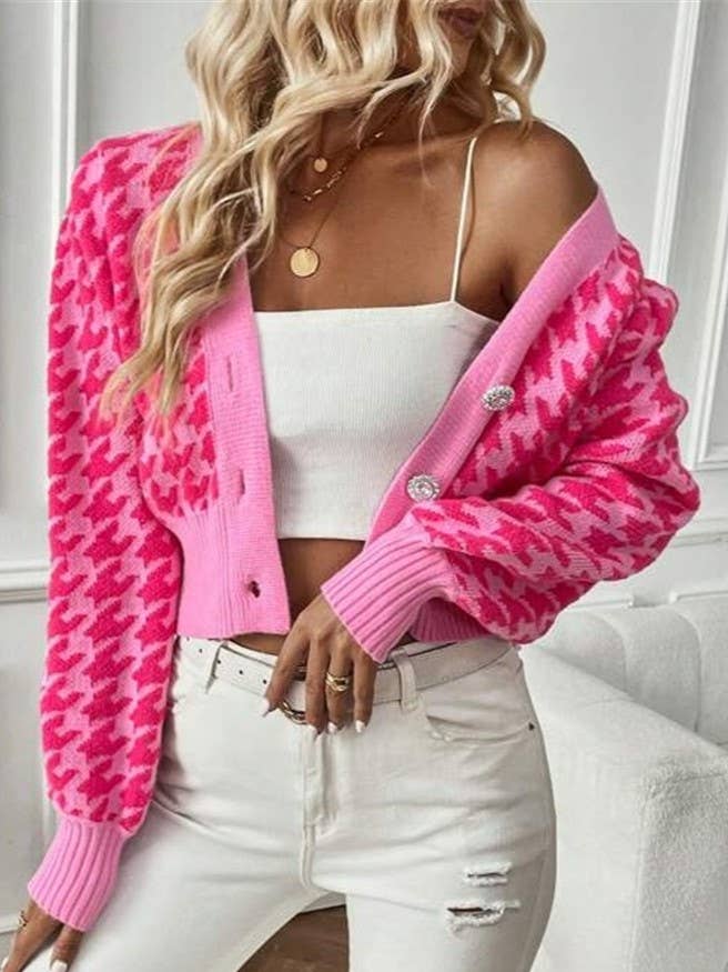 Houndstooth v-neck cropped knit Cardigan