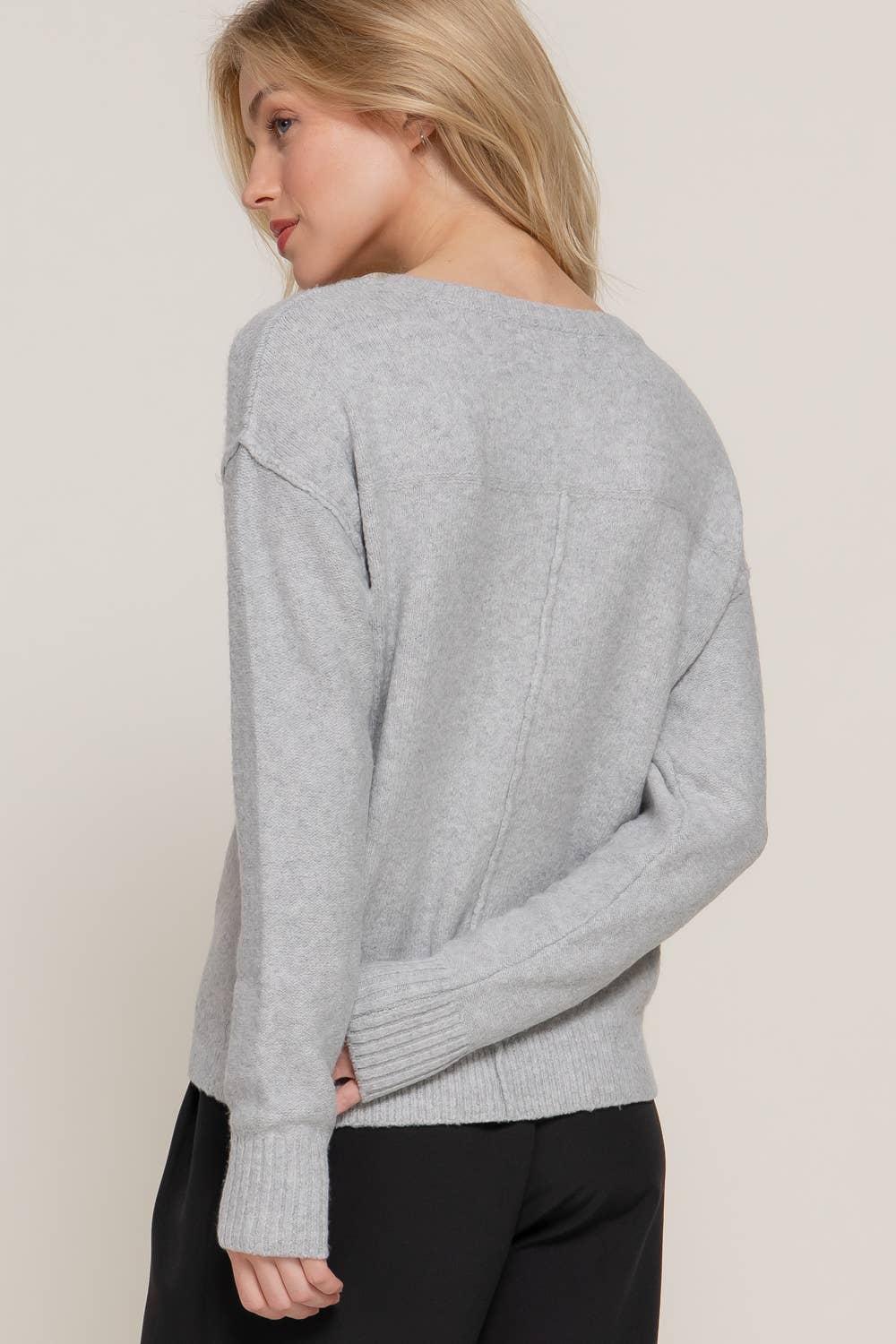 Long Sleeve V-Neck Raised Seam Detail Sweater