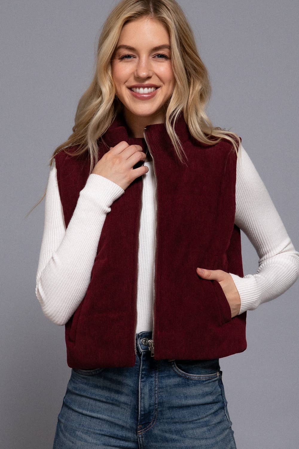 High Neck Inner Faux Fur Zip Up Corduroy Puffer Vest