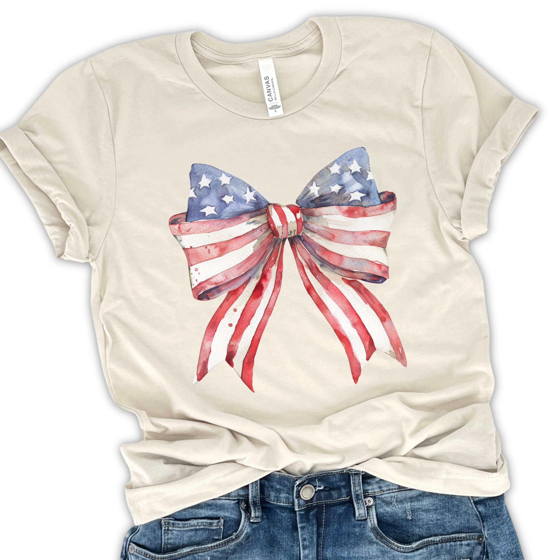 Patriotic American flag women'sgraphic t-shirt, Coquette bow