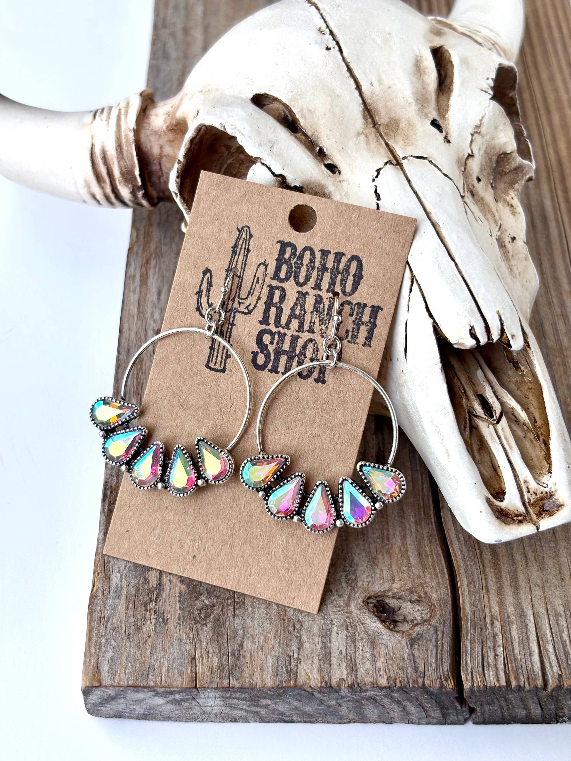 Western Teardrop Stone Hoop Dangle Drop Earrings