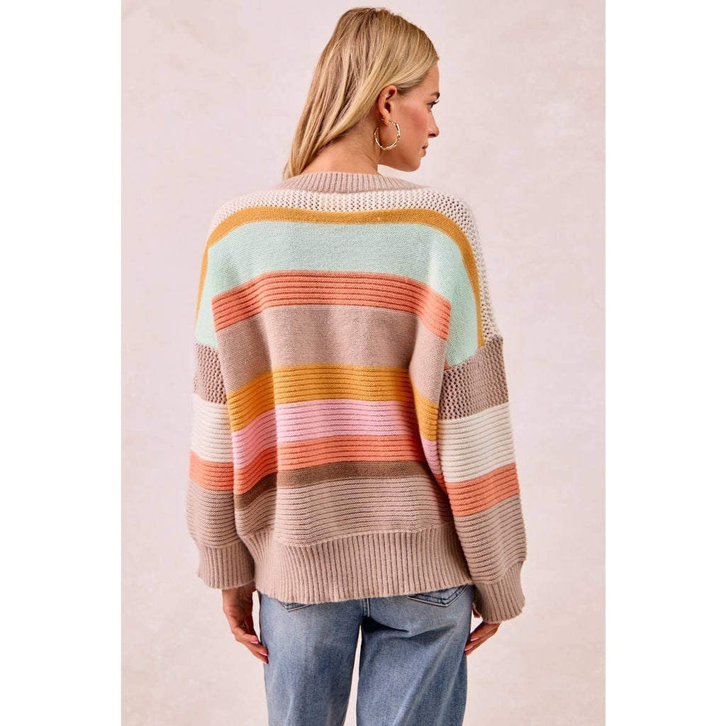 MULTI COLORS STRIPES RIB BANDED V-NECK SWEATER TOP