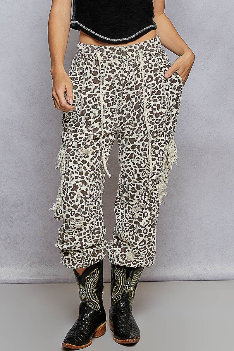 Tie waistband contrast crochet cargo pockets denim joggers