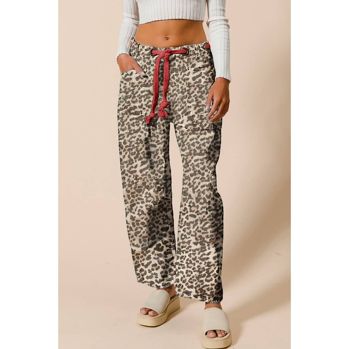 BRAIDED WAIST BELT PATCH LEOPARD PRINT PANTS