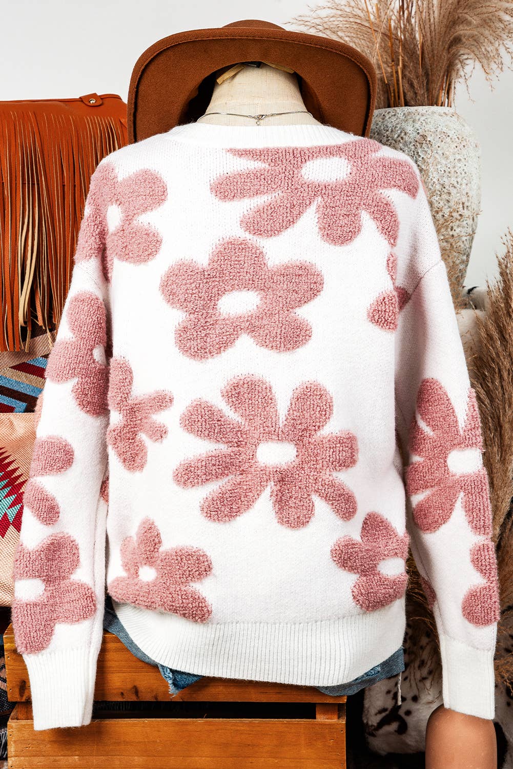Fashion Fall Texture Flower Drop Shoulder Loose Sweater
