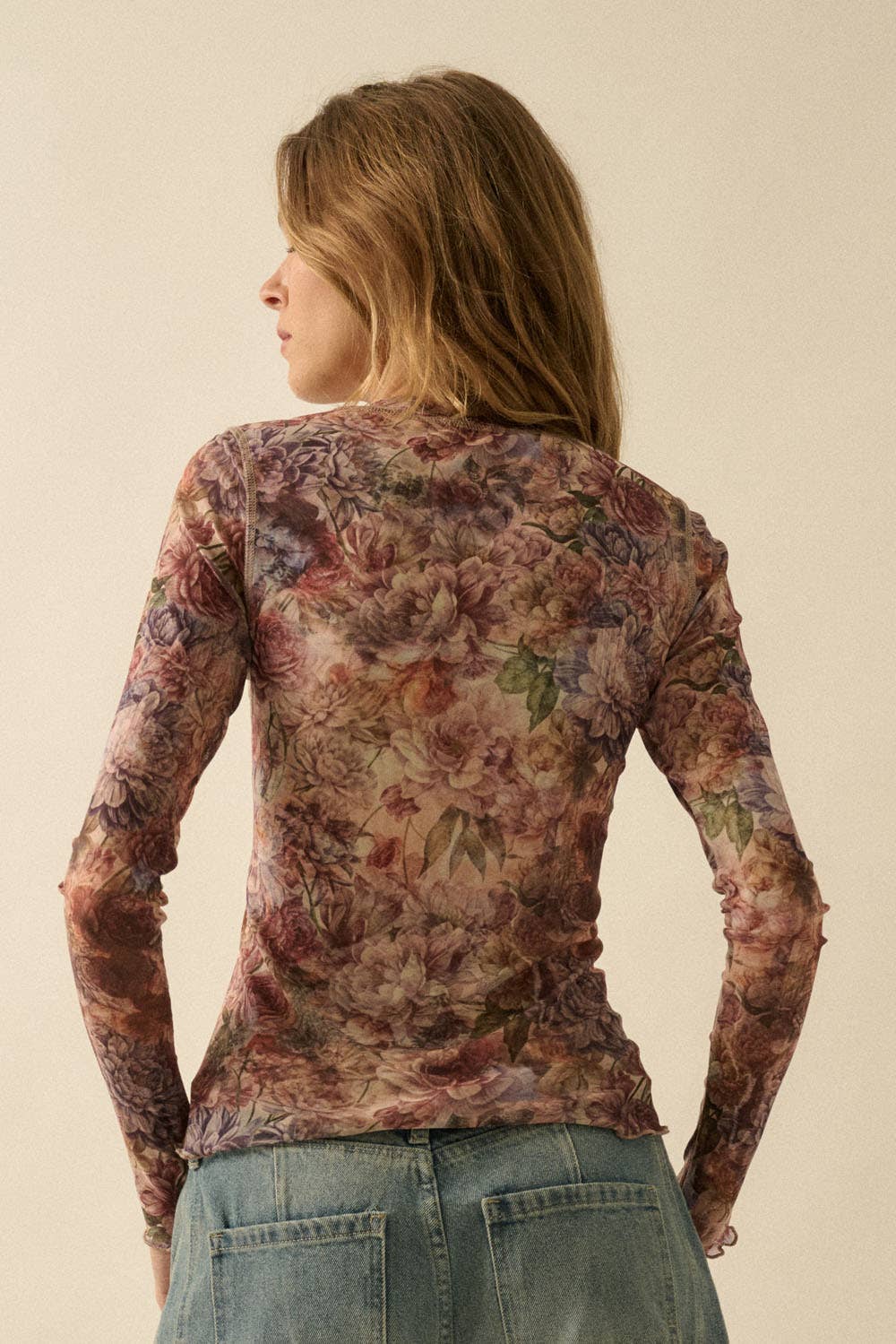 Floral-Print Mesh Snap-Front Long-Sleeve Top