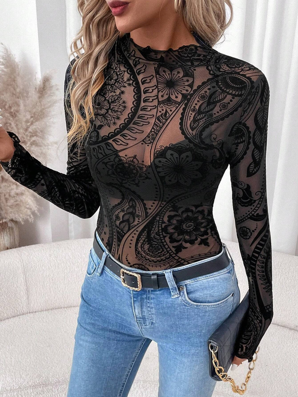 Paisley Velvet Print Mesh Top