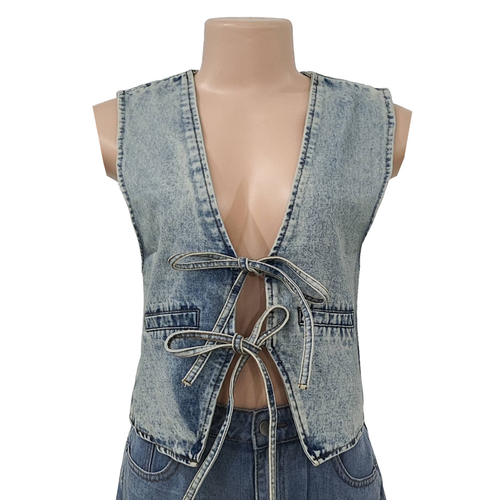 Front bow tie v-neck Denim vest