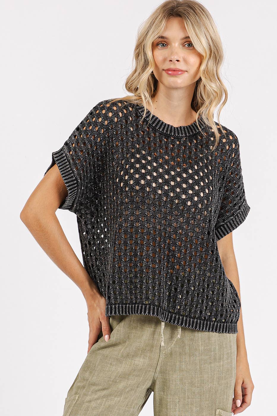 MINERAL WASH OPEN KNIT SHORT SLEEVE SWEATER TOP