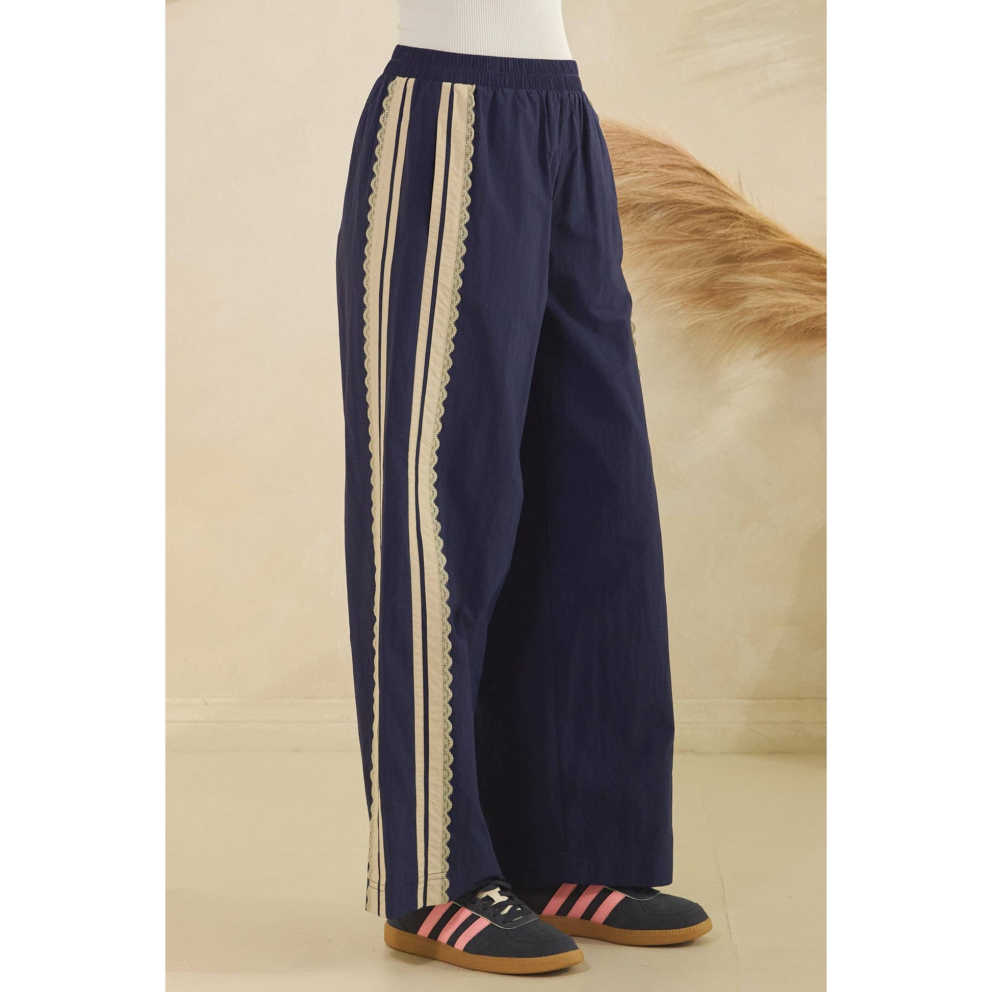 Stripe Nylon Pants with Lace Details