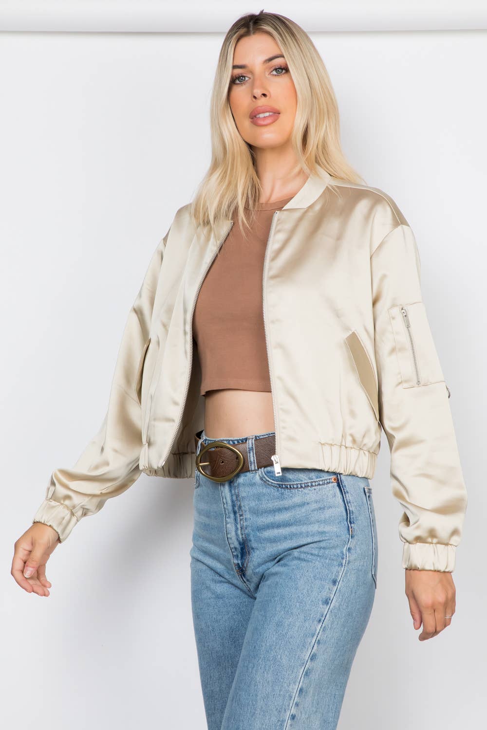 Elegance Satin Zip Up Bomber Jacket