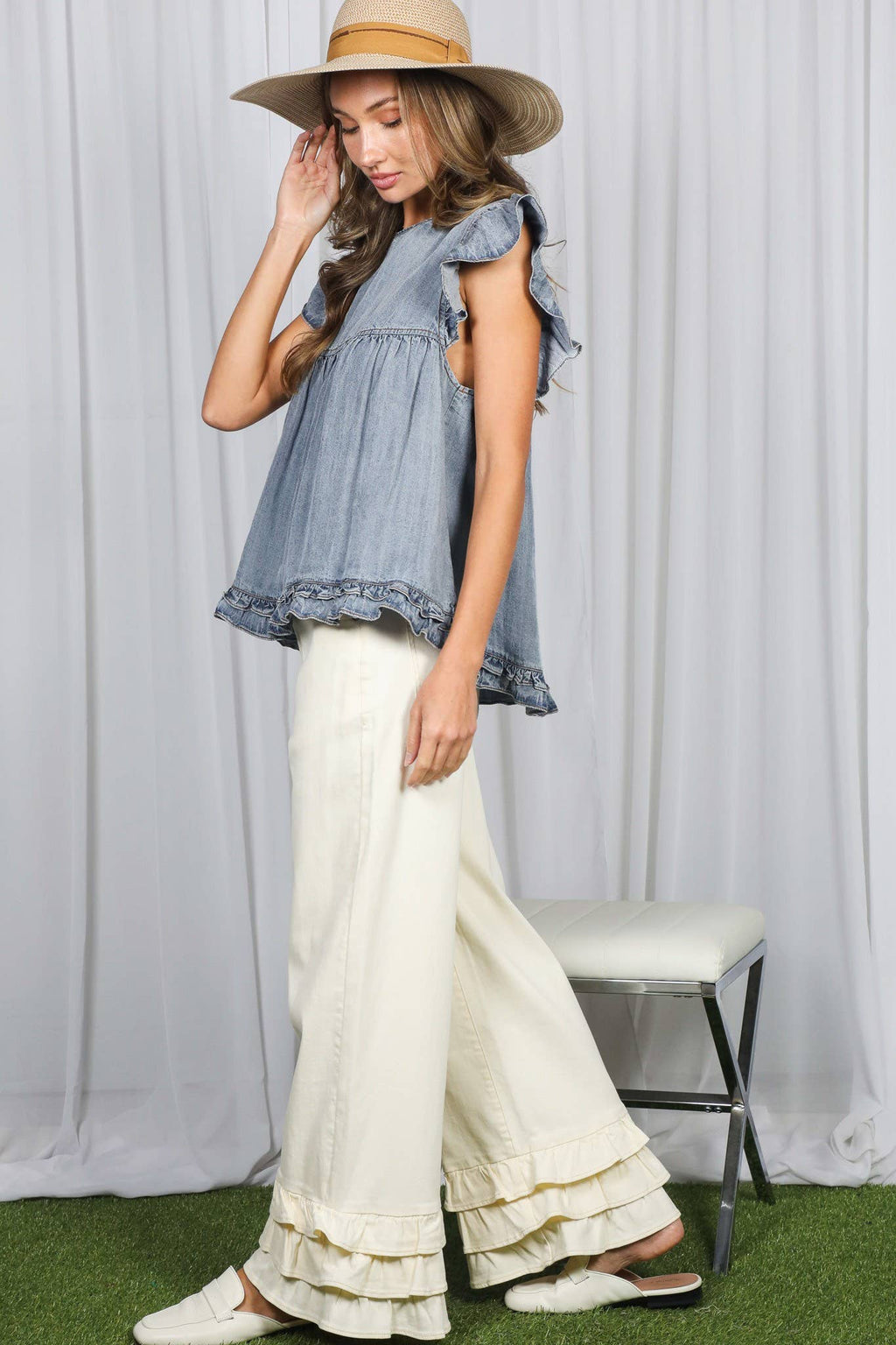 Ruffle Accent Short Sleeve Chambray