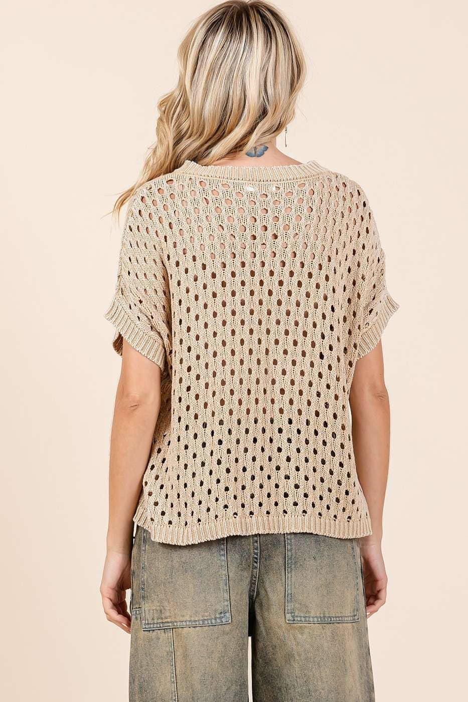 MINERAL WASH OPEN KNIT SHORT SLEEVE SWEATER TOP