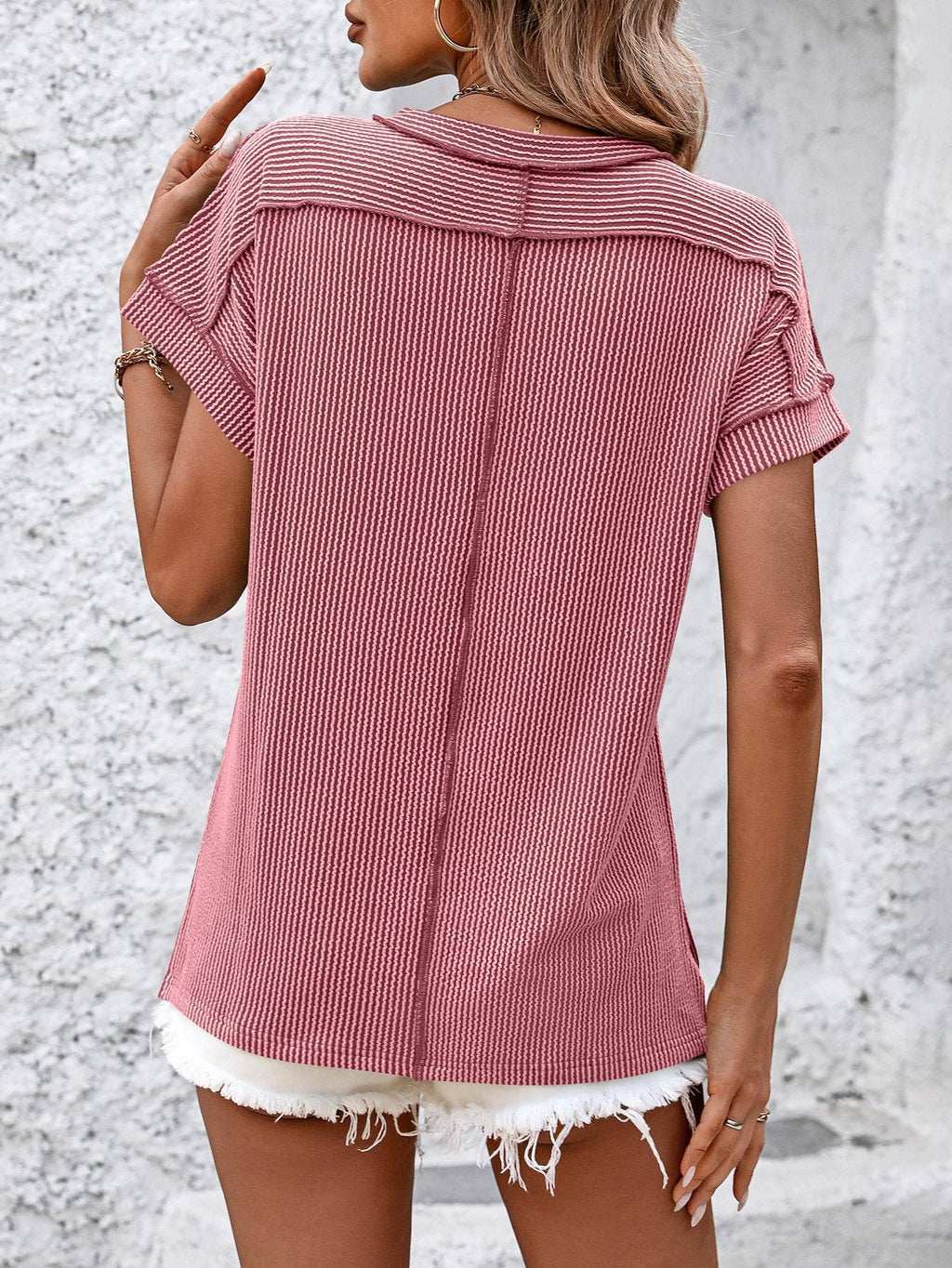 Backstitch Strip Short Sleeve Knit Casual T Shirts