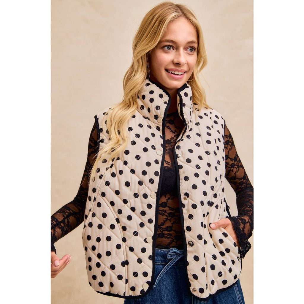 POLKA DOT PRINT PIPING DETAIL QUILTED VEST
