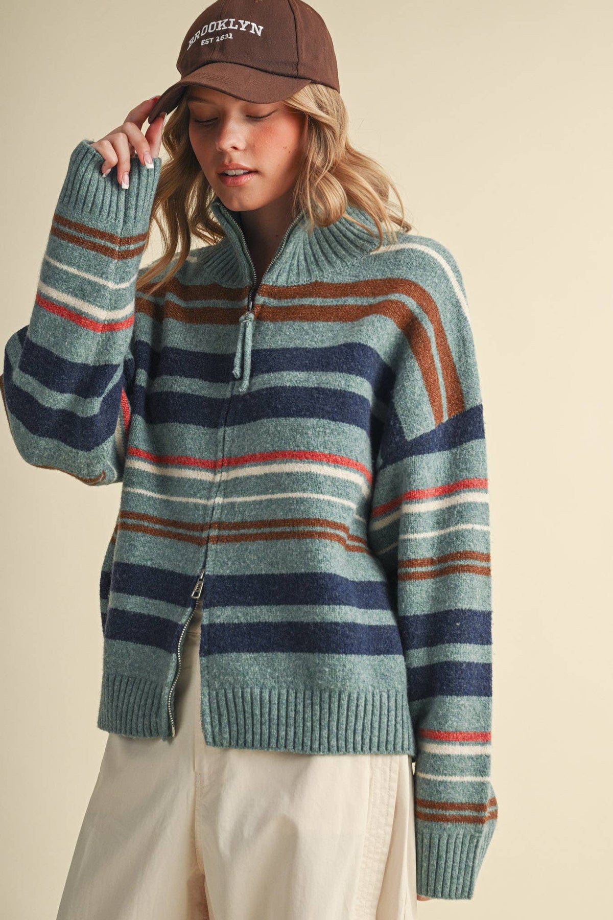 STRIPED MOCK NECK ZIP UP CARDIGAN