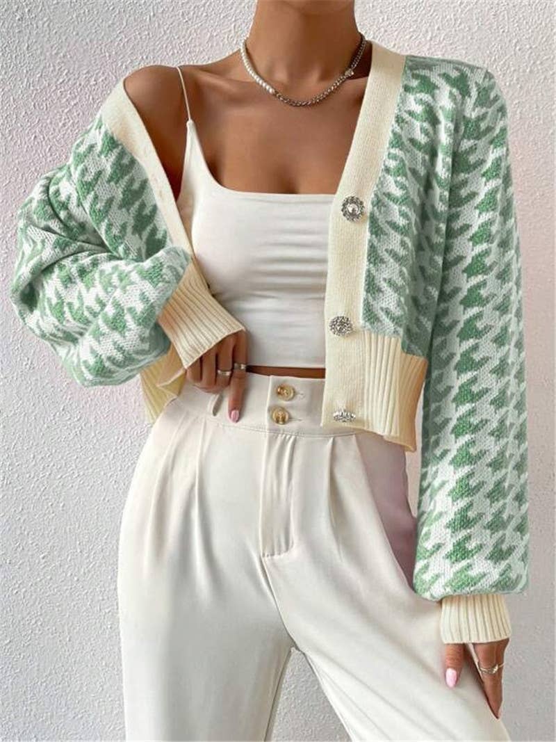 Houndstooth v-neck cropped knit Cardigan