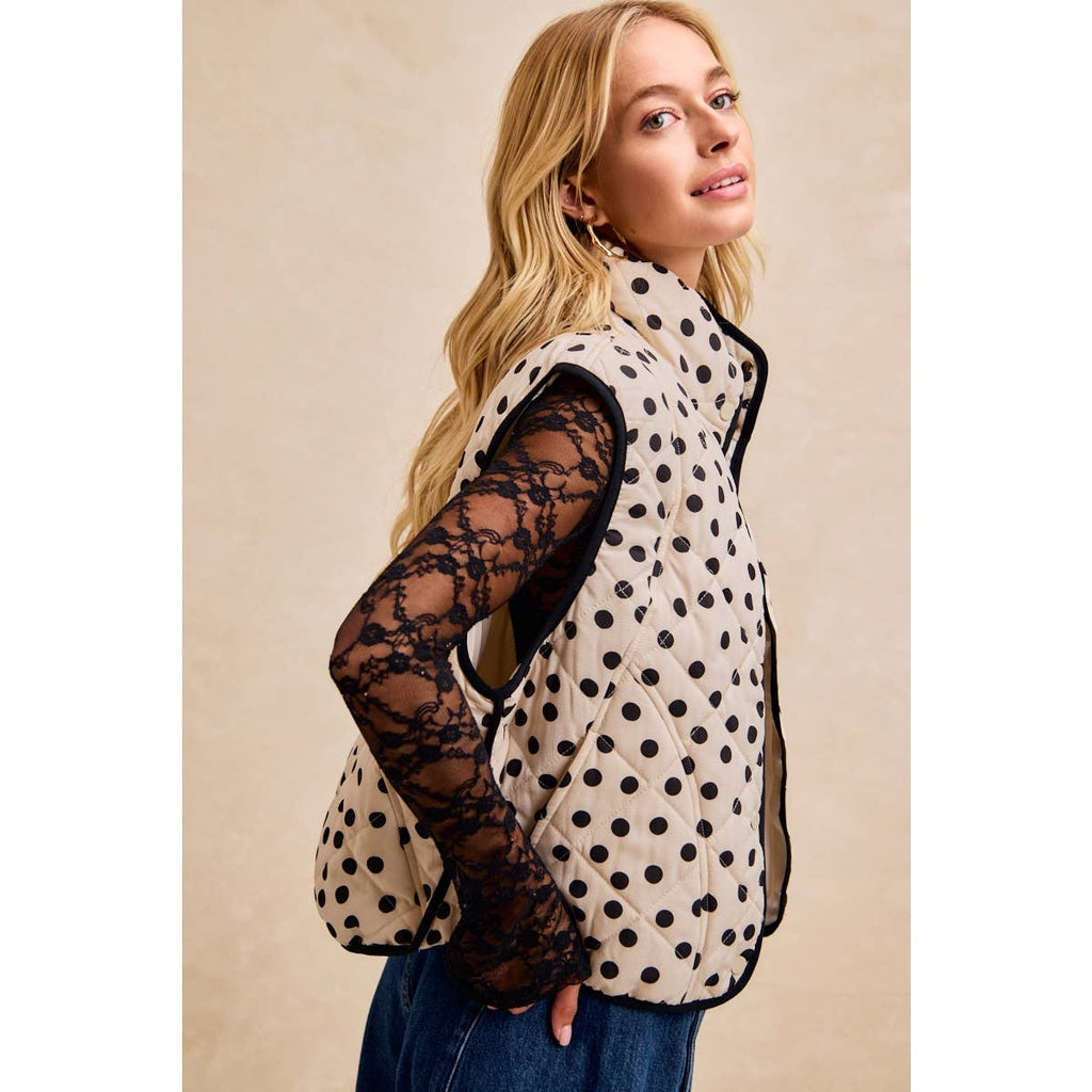 POLKA DOT PRINT PIPING DETAIL QUILTED VEST