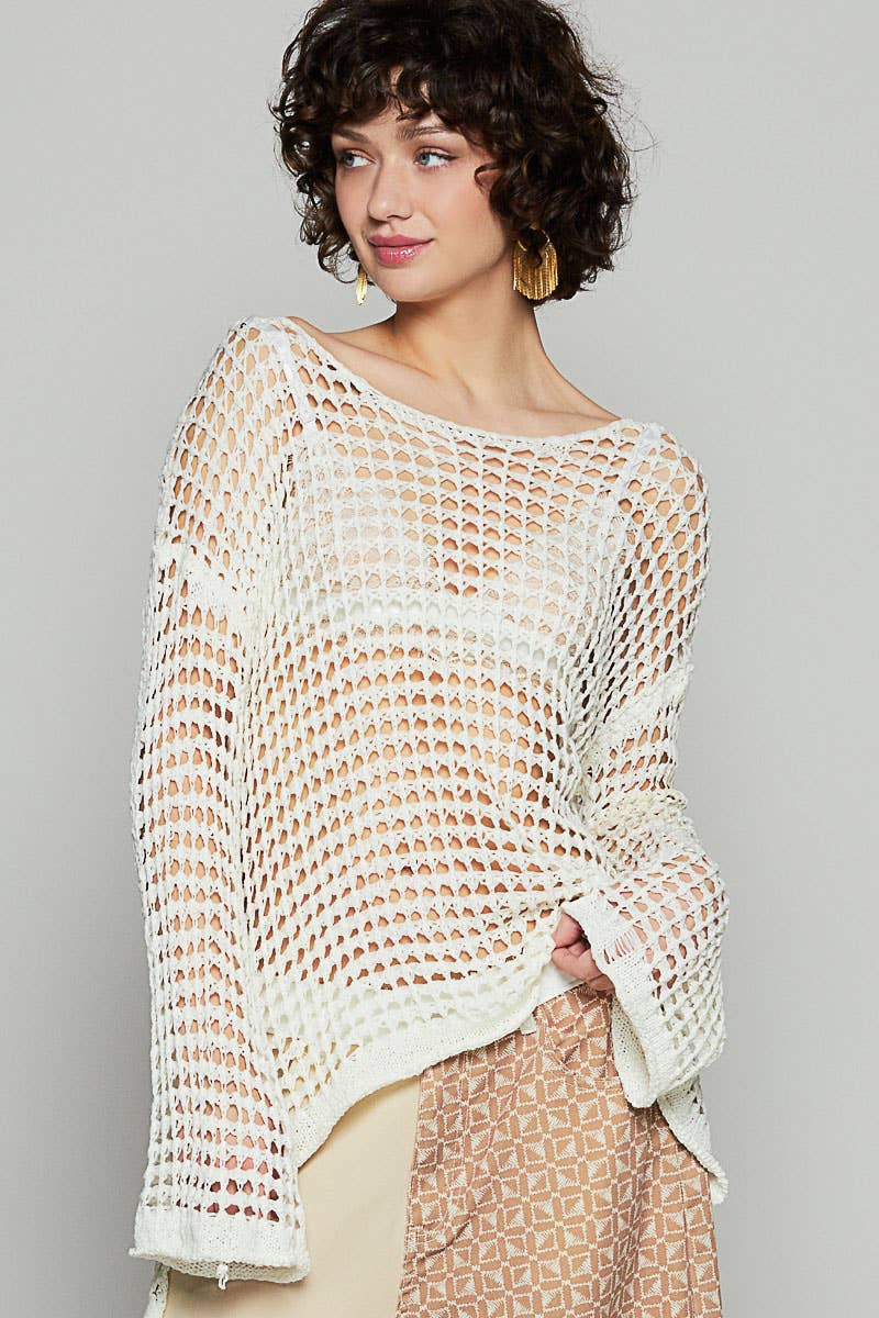 Dropped Shoulder Open Knit Boat Neck Sweater