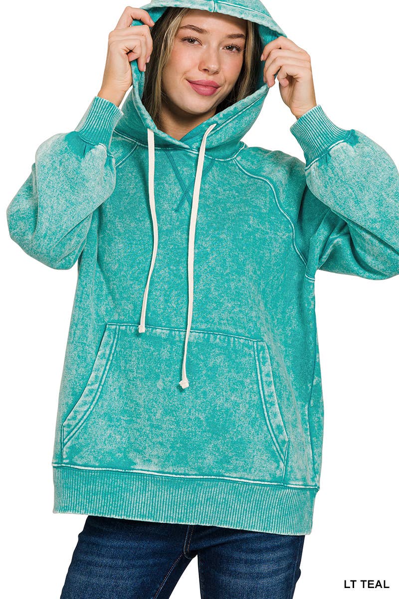 Acid Wash Fleece Hoodie With Pockets