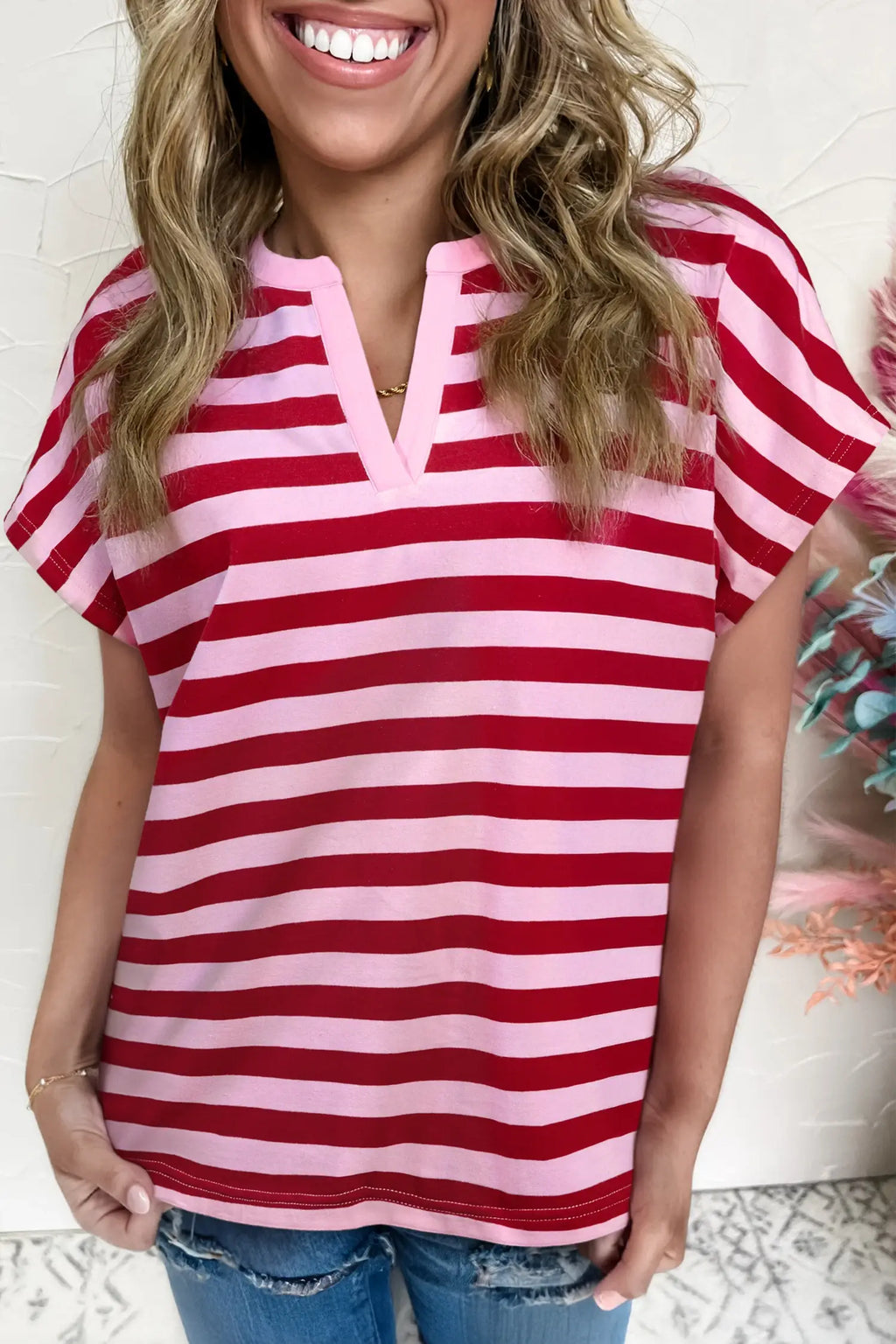 Stripe Split V Neck Casual T Shirt
