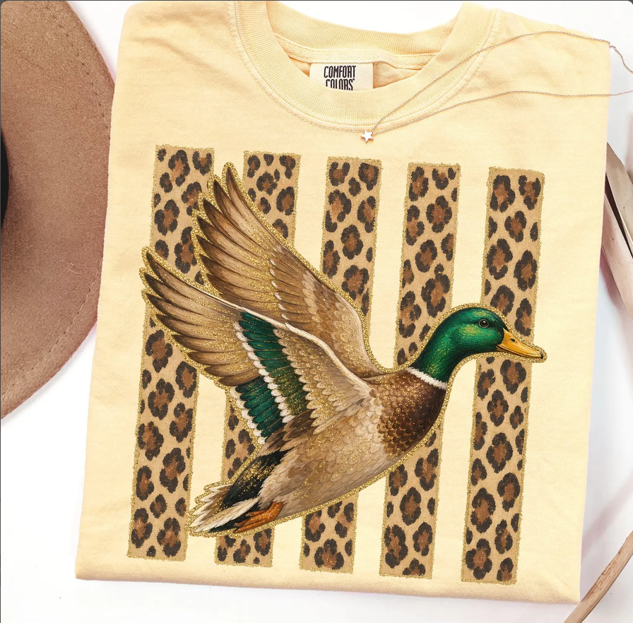 Preppy Mallard Duck Graphic Tee | Leopard Stripe Duck Shirt
