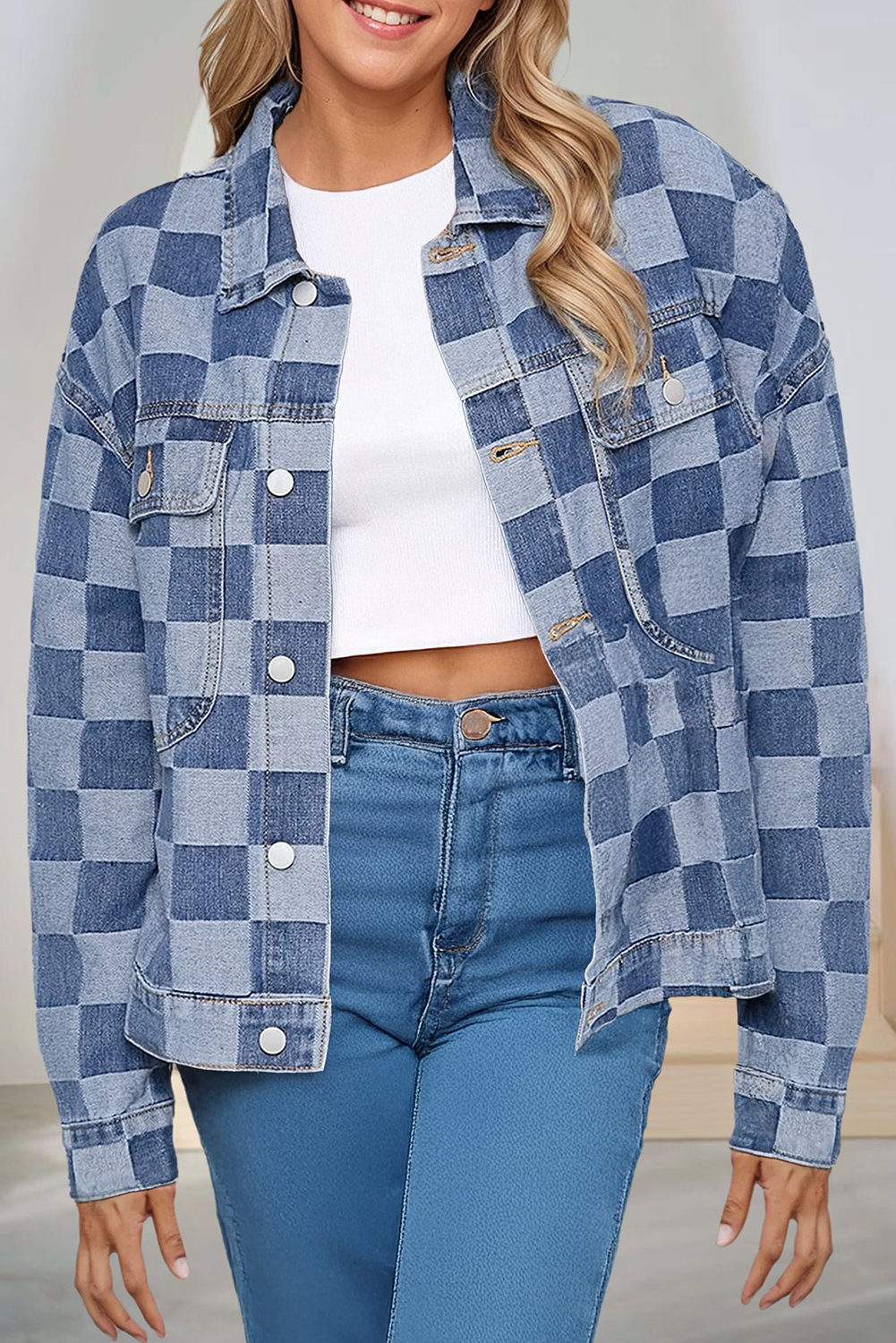 Checkered Patchwork Button Down Denim Jacket