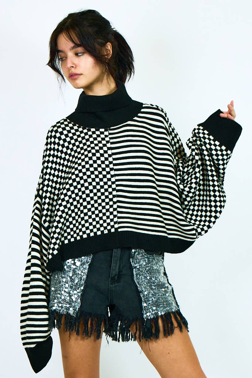 COLOR COMBO HIGH NECK KNIT SWEATER