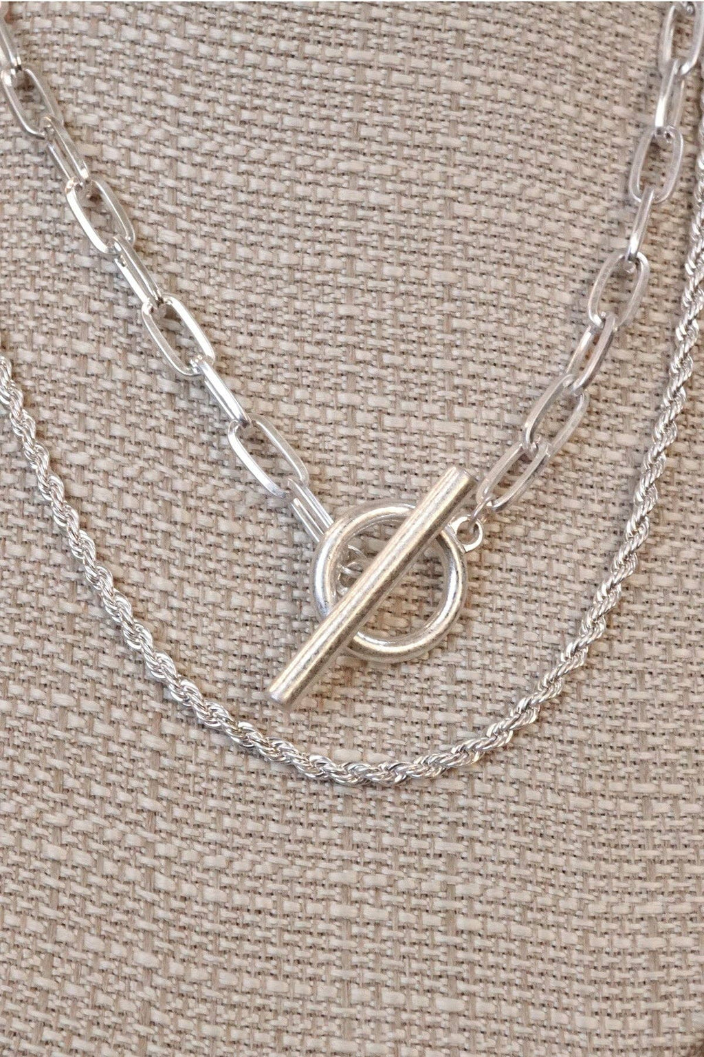 Front Toggle Closure Necklace Multi Layer Chain in Silver Tone
