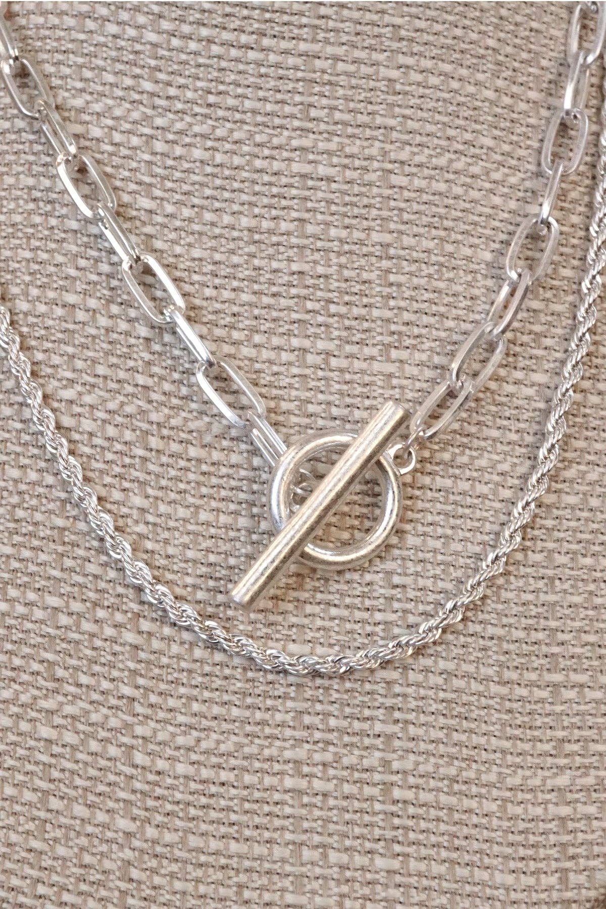 Front Toggle Closure Necklace Multi Layer Chain in Silver Tone