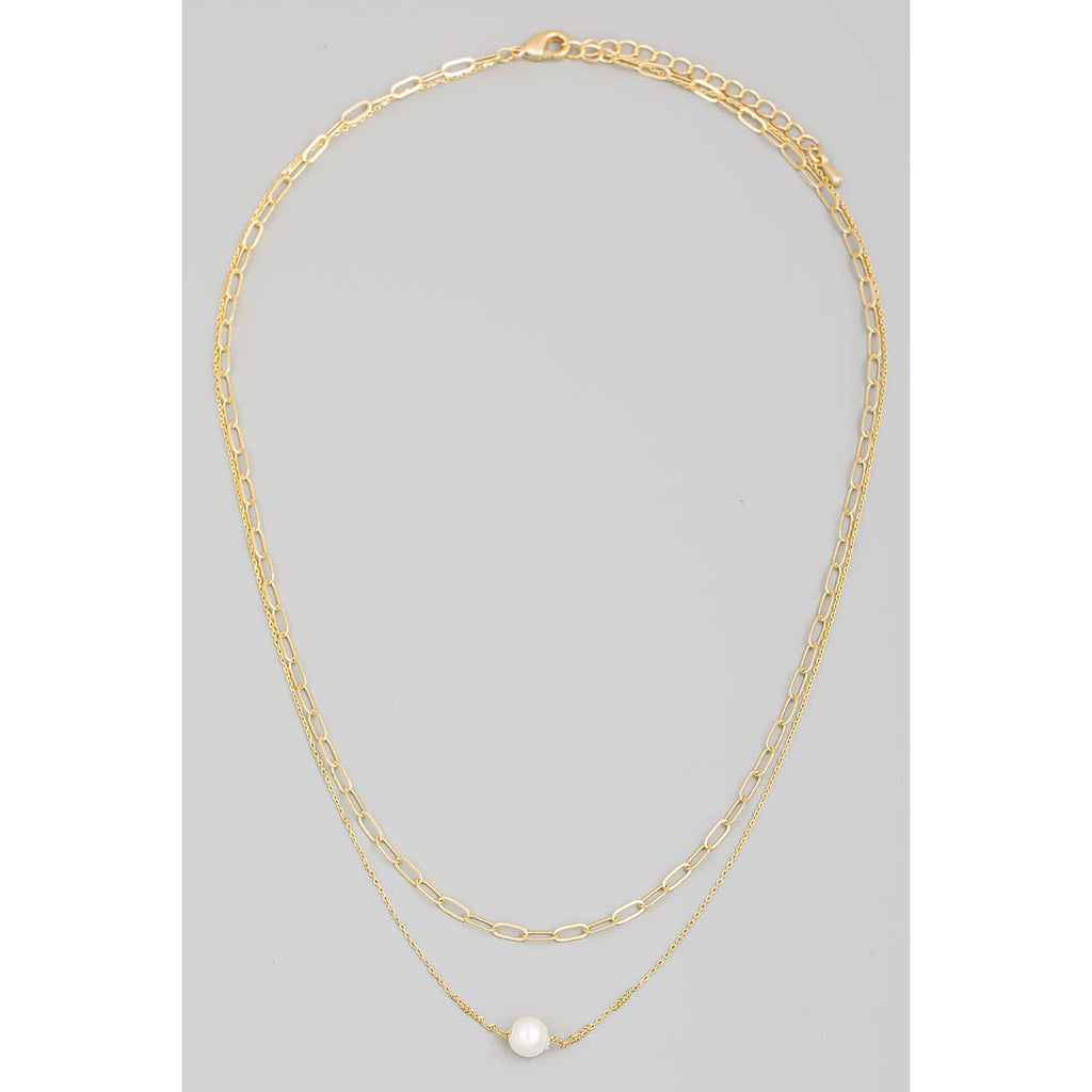 Layered Chain Link Pearl Ball Charm Necklace