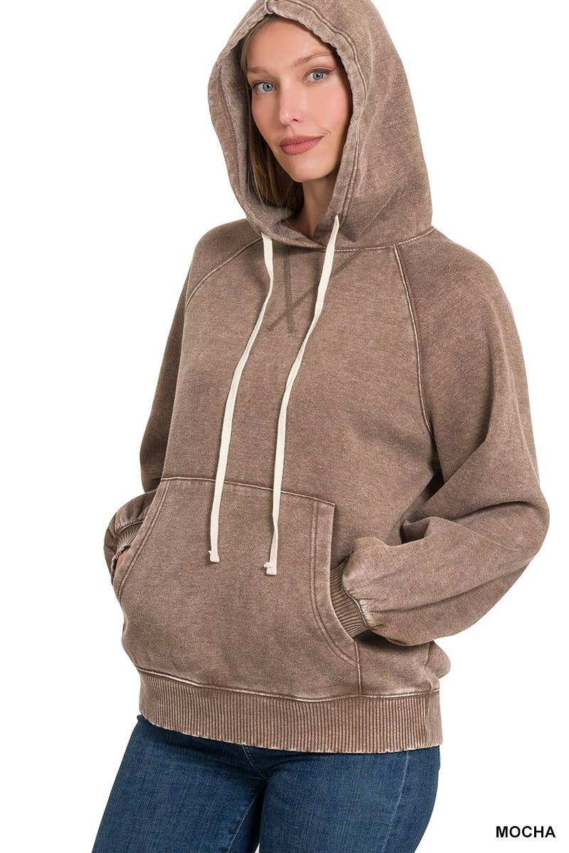 Acid Wash Fleece Hoodie With Pockets