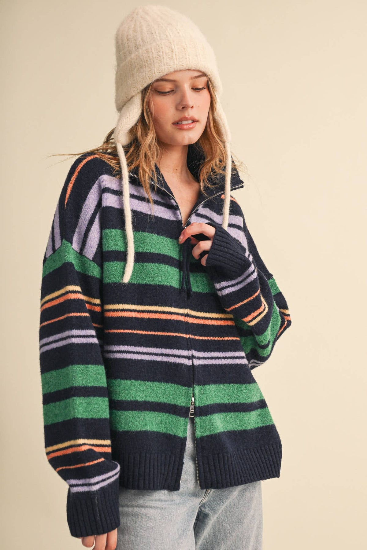 STRIPED MOCK NECK ZIP UP CARDIGAN