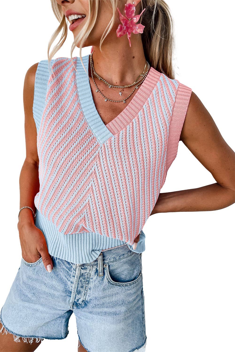 Strawberry Pink Contrast Chevron Knit V Neck Sweater Vest