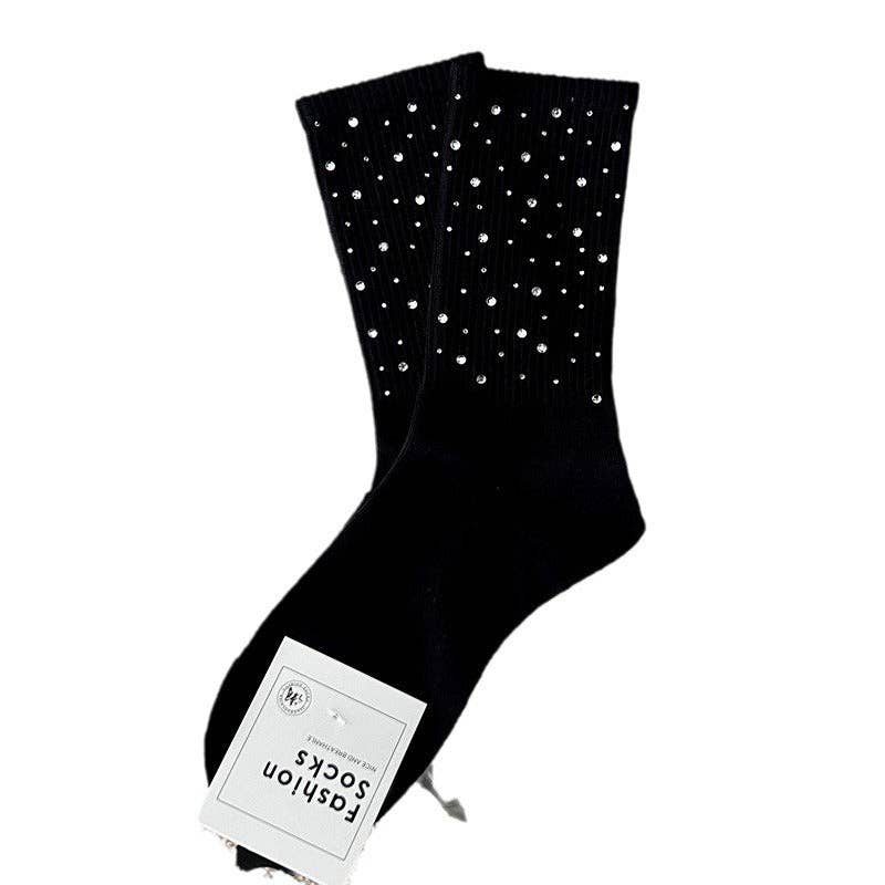 Rhinestone Ribbed Simple Cotton Socks