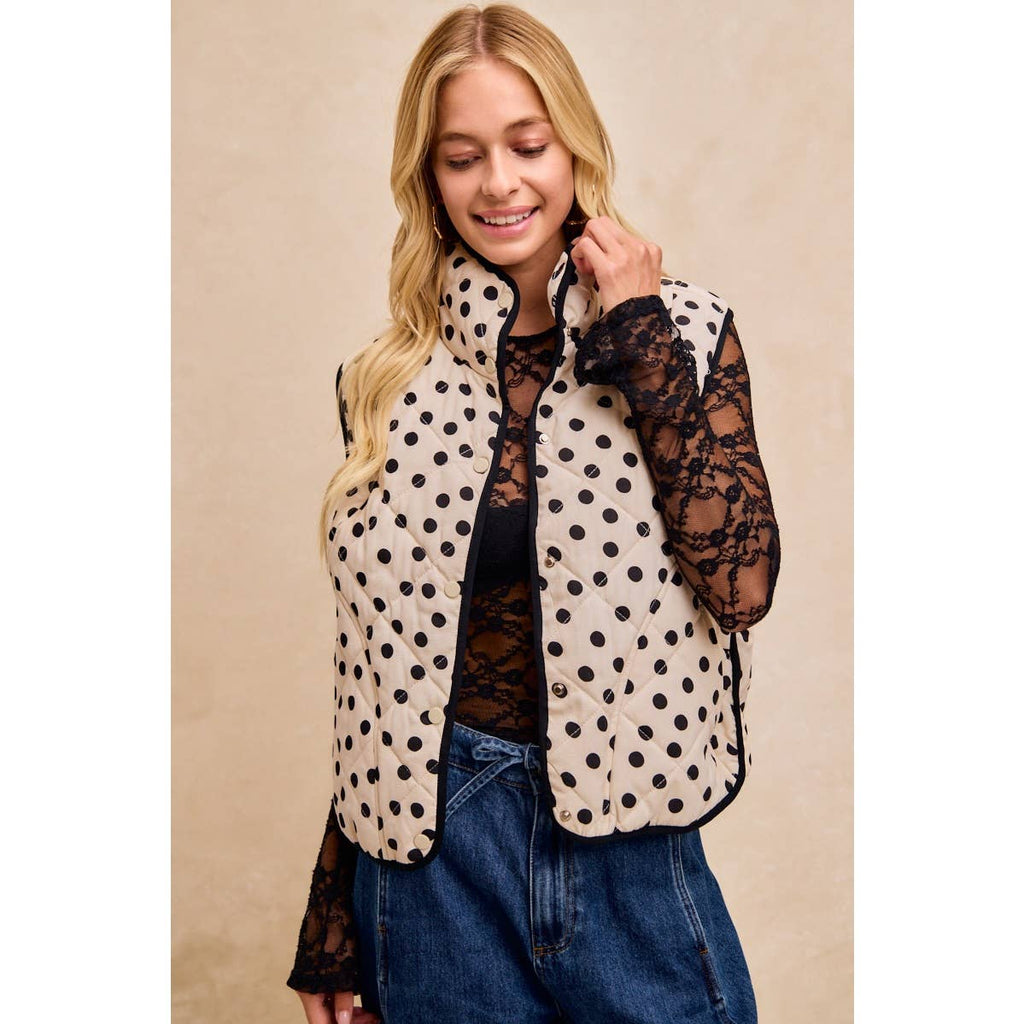 POLKA DOT PRINT PIPING DETAIL QUILTED VEST