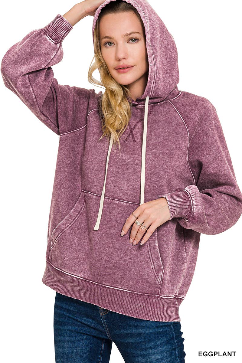Acid Wash Fleece Hoodie With Pockets