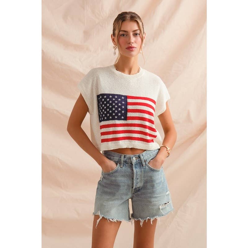 FOURTH OF JULY AMERICAN FLAG BOXY FIT SWEATER TOP