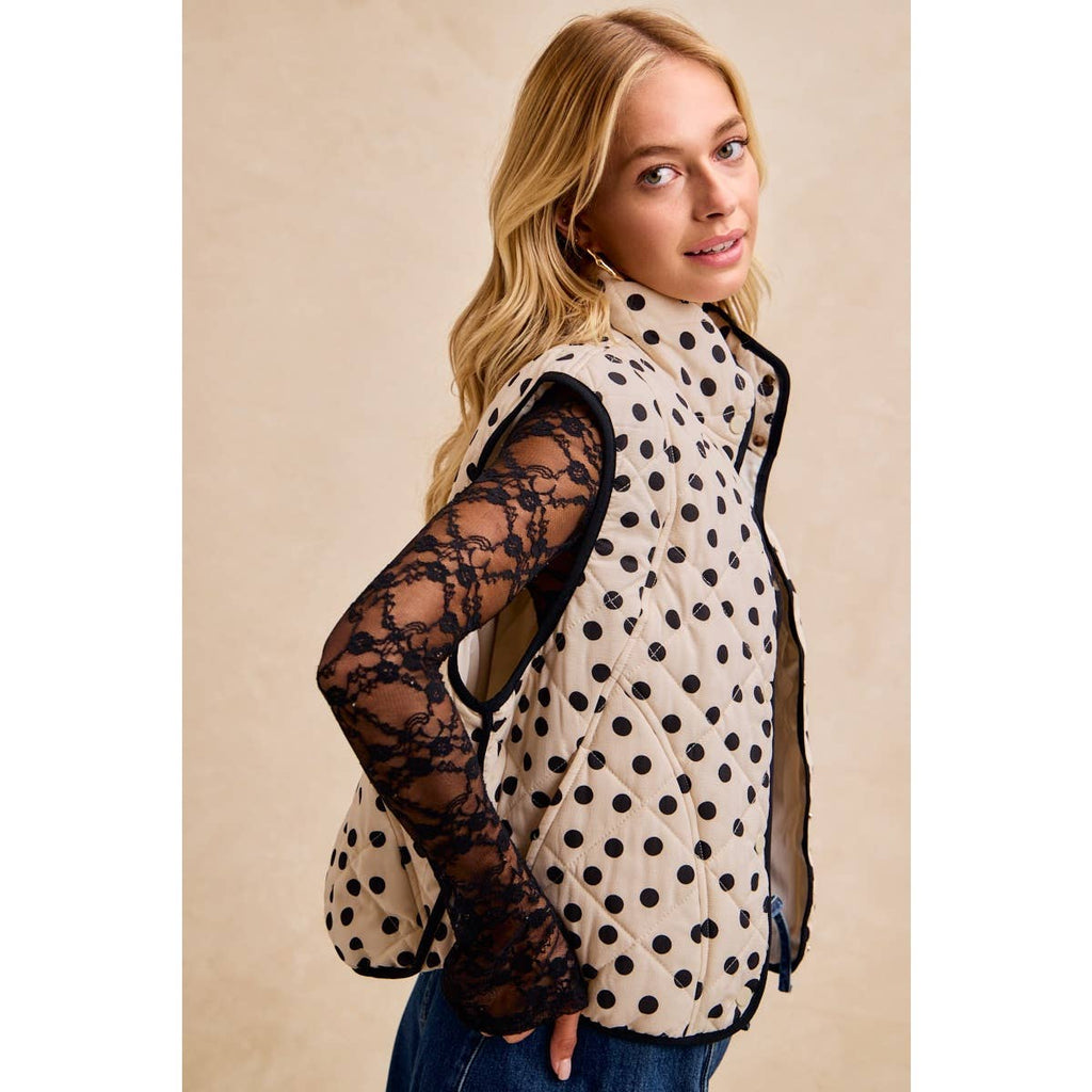 POLKA DOT PRINT PIPING DETAIL QUILTED VEST