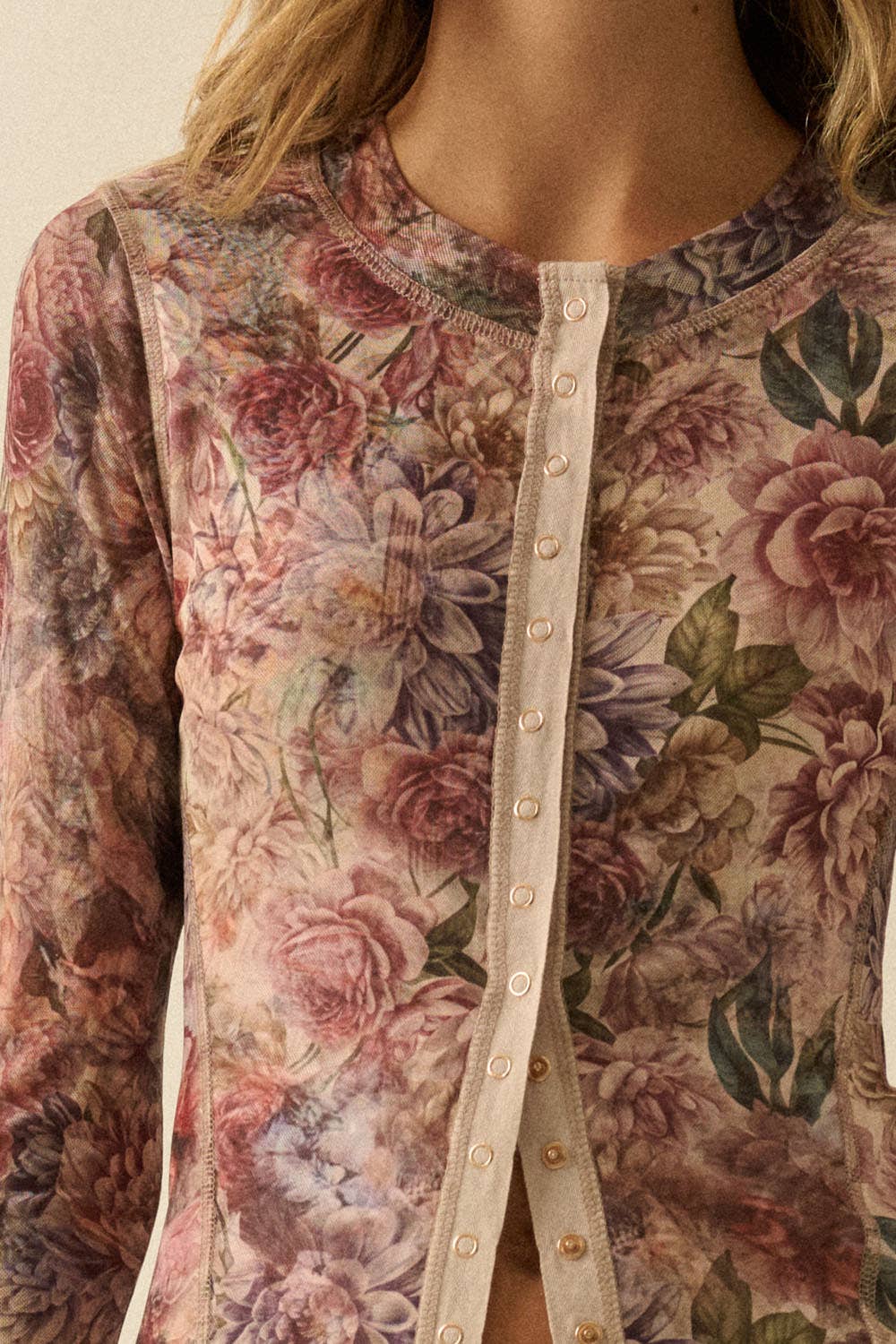 Floral-Print Mesh Snap-Front Long-Sleeve Top