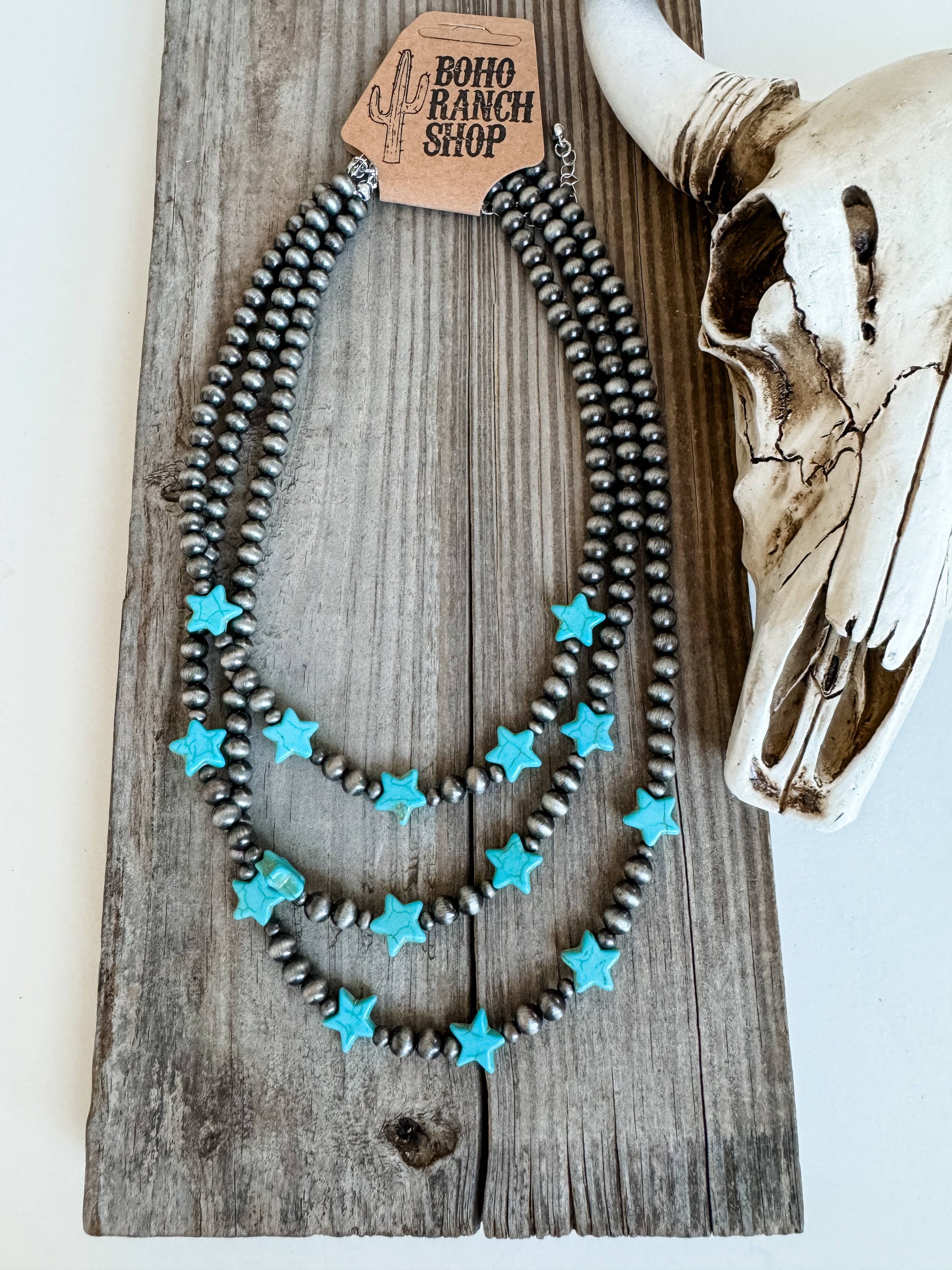3 Layered Navajo Style Pearl with Star Stone Necklace