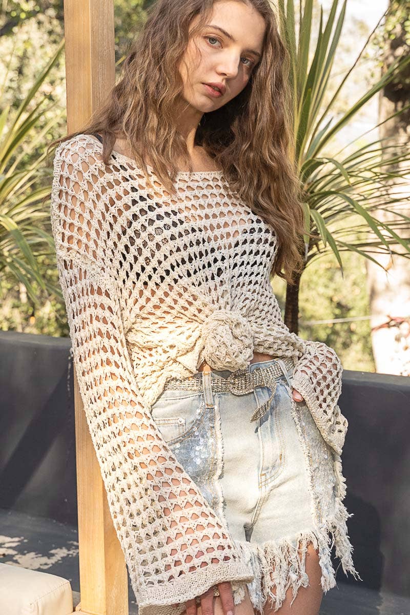 Dropped Shoulder Open Knit Boat Neck Sweater
