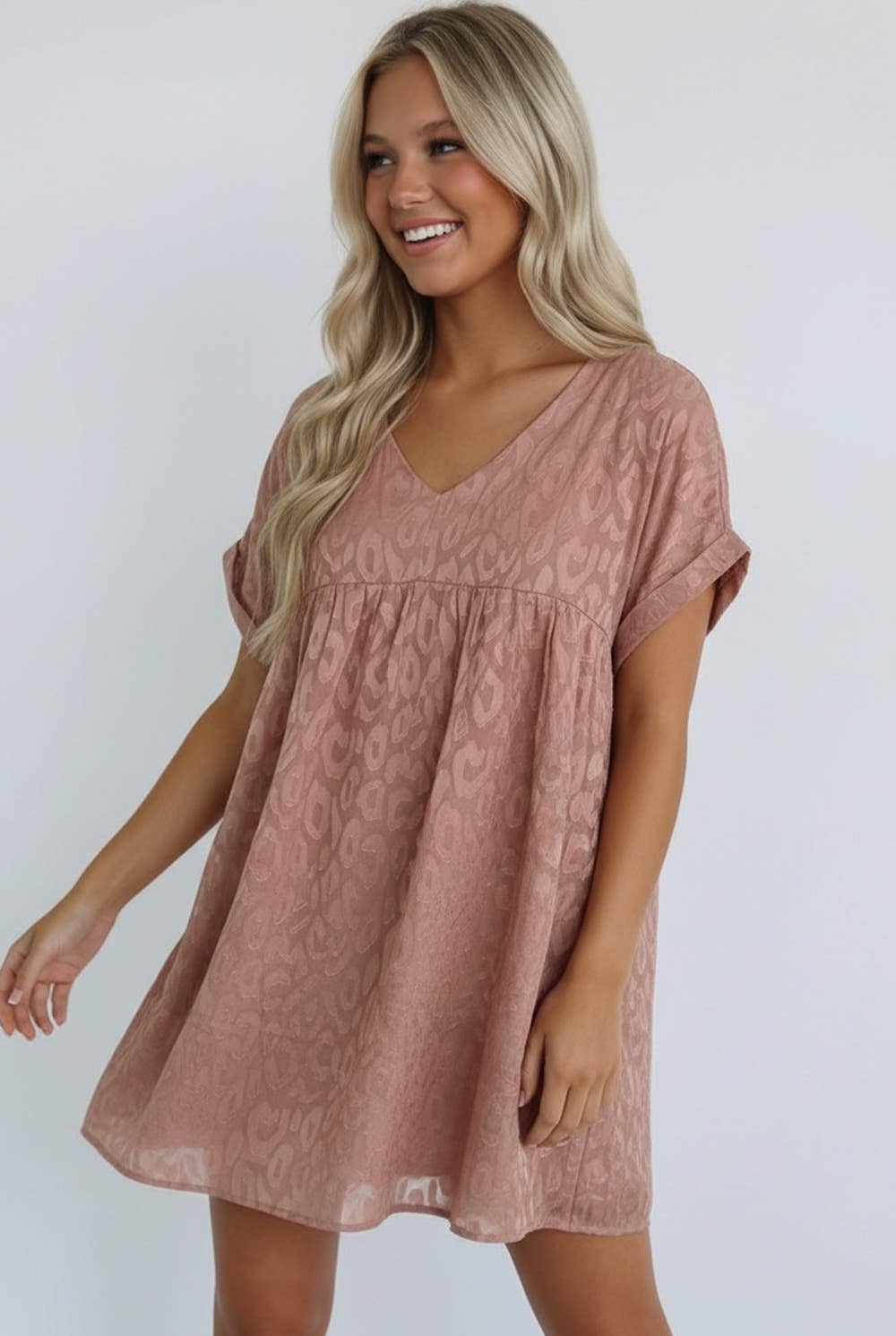 ANIMAL PRINT JACQUARD V NECK BABYDOLL DRESS