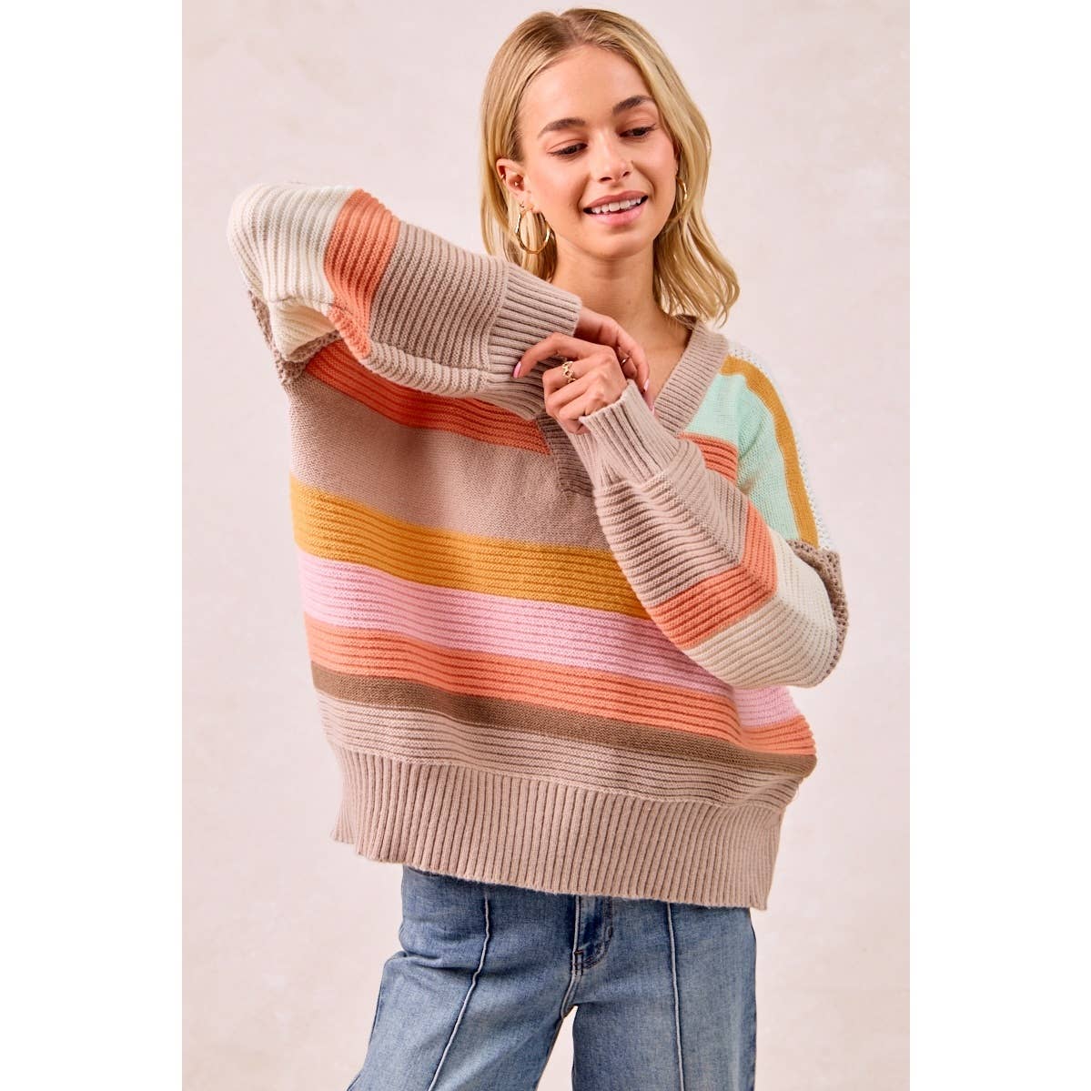 MULTI COLORS STRIPES RIB BANDED V-NECK SWEATER TOP
