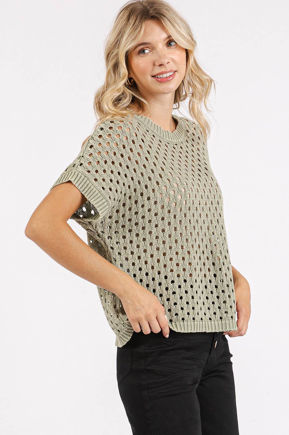 MINERAL WASH OPEN KNIT SHORT SLEEVE SWEATER TOP