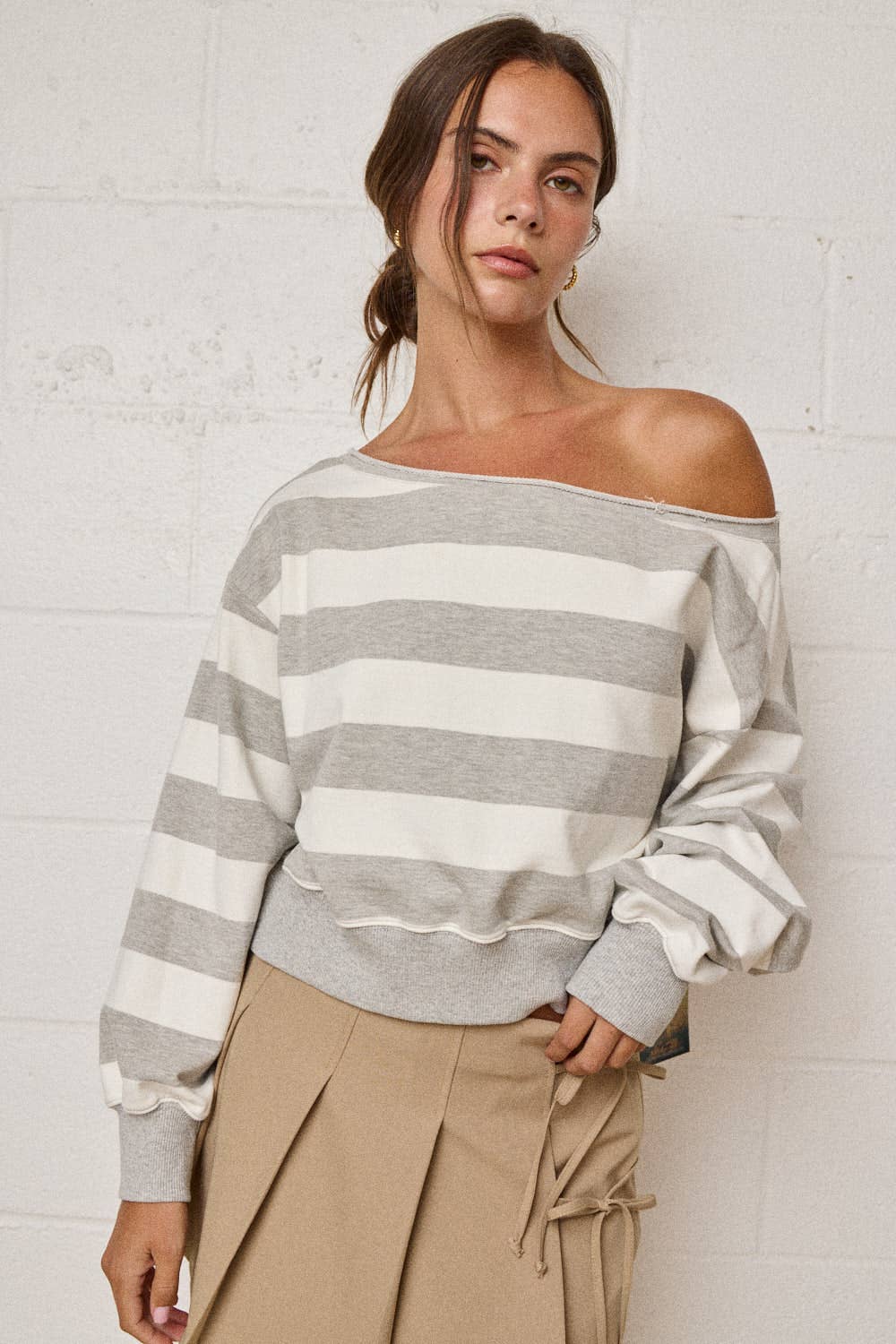 Off-shoulder Rugby Stripe Cropped Sweatshirt