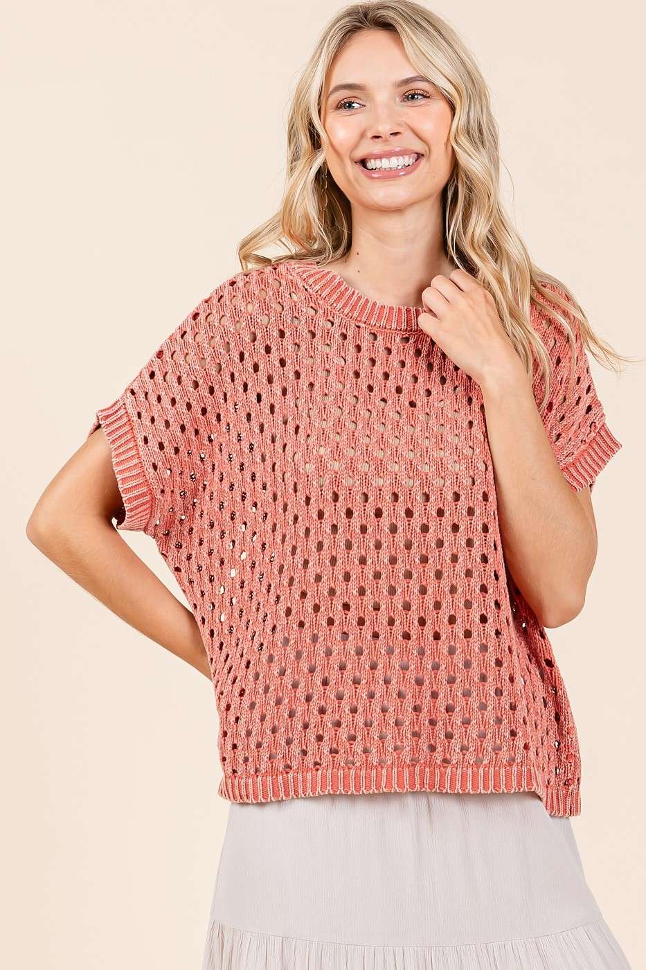 MINERAL WASH OPEN KNIT SHORT SLEEVE SWEATER TOP